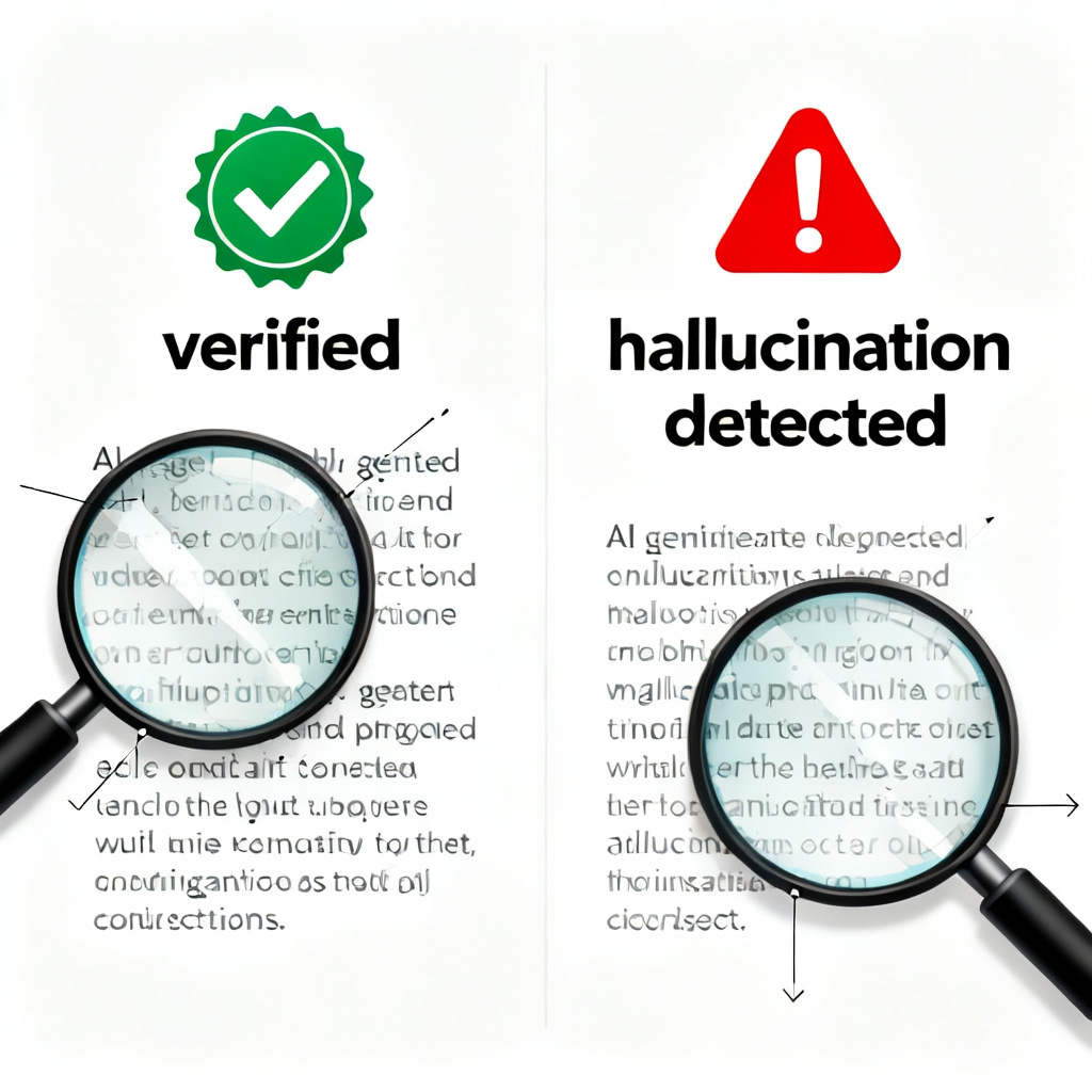 A split-screen comparison showing an AI-generated text with a "verified" badge on one side and a "hallucination detected" warning on the other, with magnifying glass icons scanning the text.