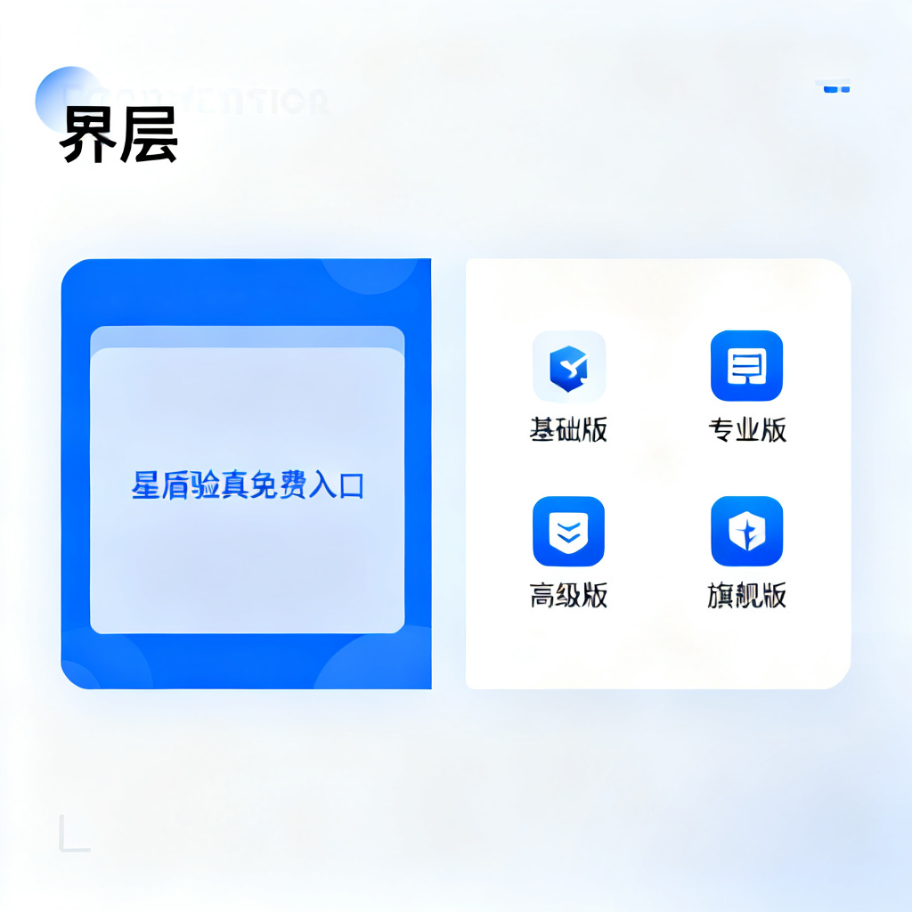 搜极星界面展示免费与付费功能的分层示意图，左侧是星盾验真免费入口，右侧是四个付费版本图标，设计简洁现代，蓝白配色