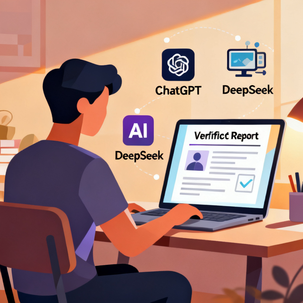 A person sitting at a desk with a laptop, looking at a verification report on screen, surrounded by icons of AI models like ChatGPT and DeepSeek. Flat illustration style, warm lighting.