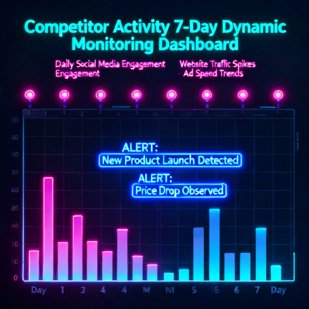 A 7-day dynamic monitoring dashboard with real-time alerts for competitor activities, neon color scheme