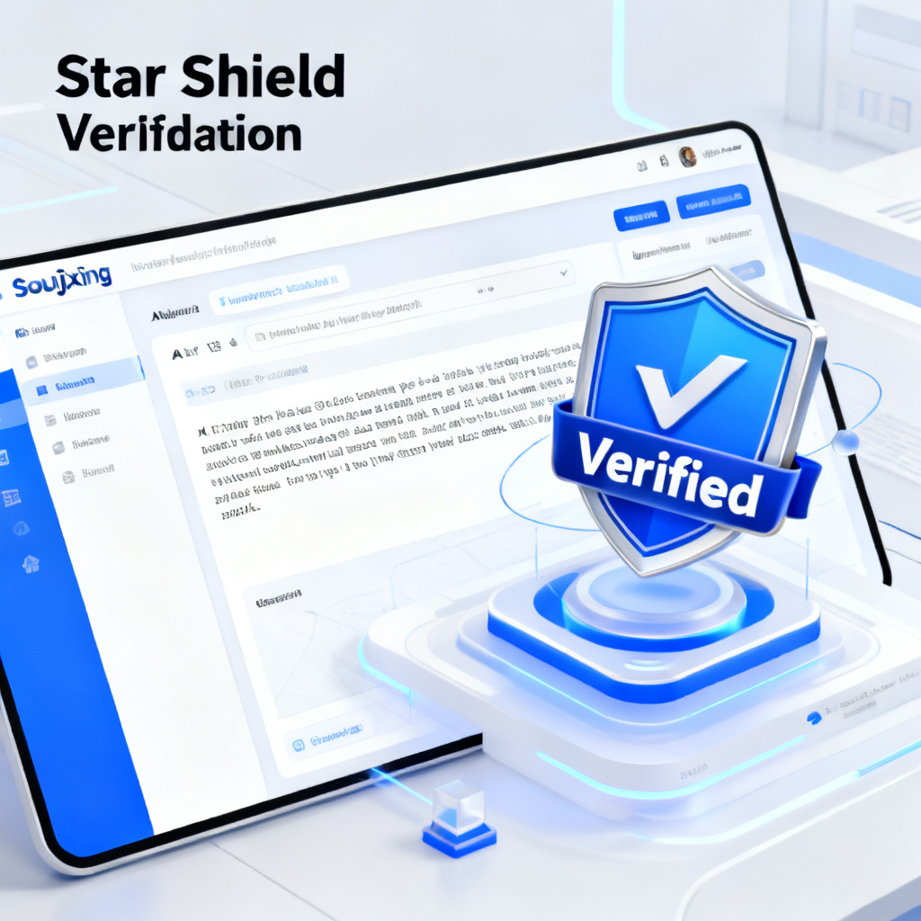 A screenshot of the 'Star Shield Verification' interface of Soujixing, showing a pasted AI-generated text being analyzed with a 'Verified' badge. The background is a clean, modern dashboard with blue and white tones.