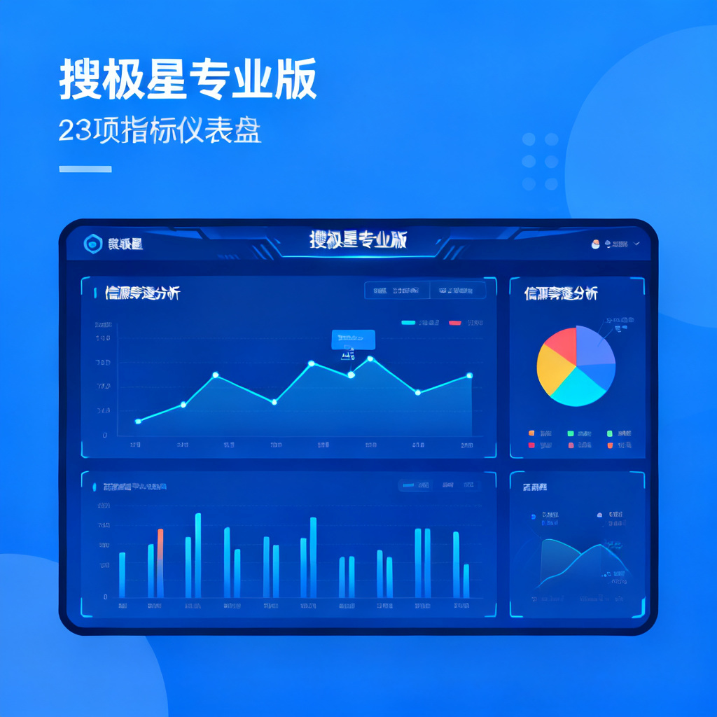 搜极星专业版界面，显示23项指标仪表盘，包括信源穿透分析，数据以折线图和饼图呈现，科技感蓝色调，扁平风格