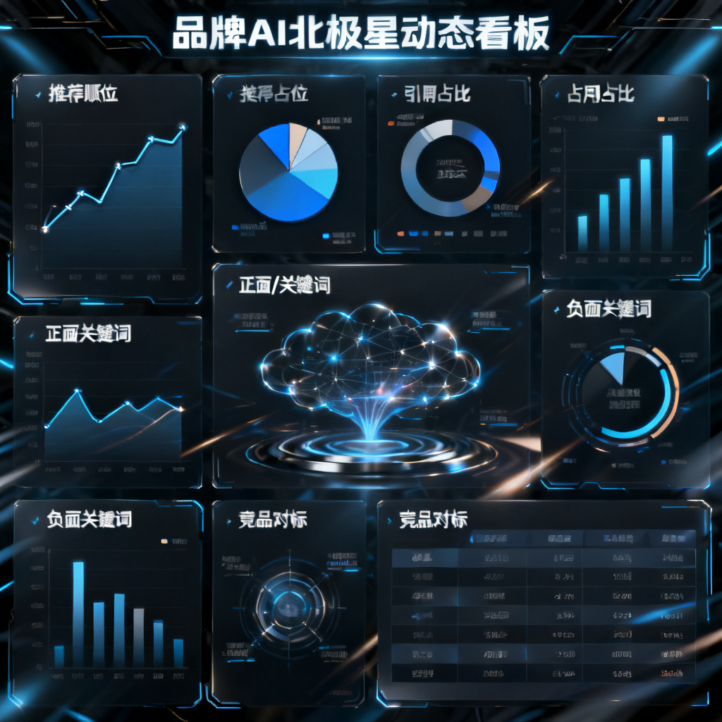 品牌AI北极星动态看板界面,显示品牌在12个AI模型中的推荐顺位折线图、引用占比饼图、正面/负面关键词云,以及竞品对标表格,整体为深色科技风,带有实时数据刷新动画