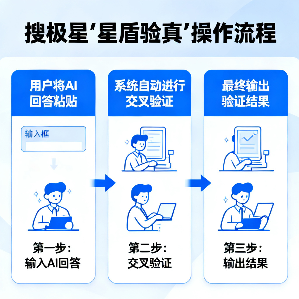 一张展示搜极星“星盾验真”操作流程的示意图，用户将AI回答粘贴到输入框，系统自动进行交叉验证，最终输出验证结果