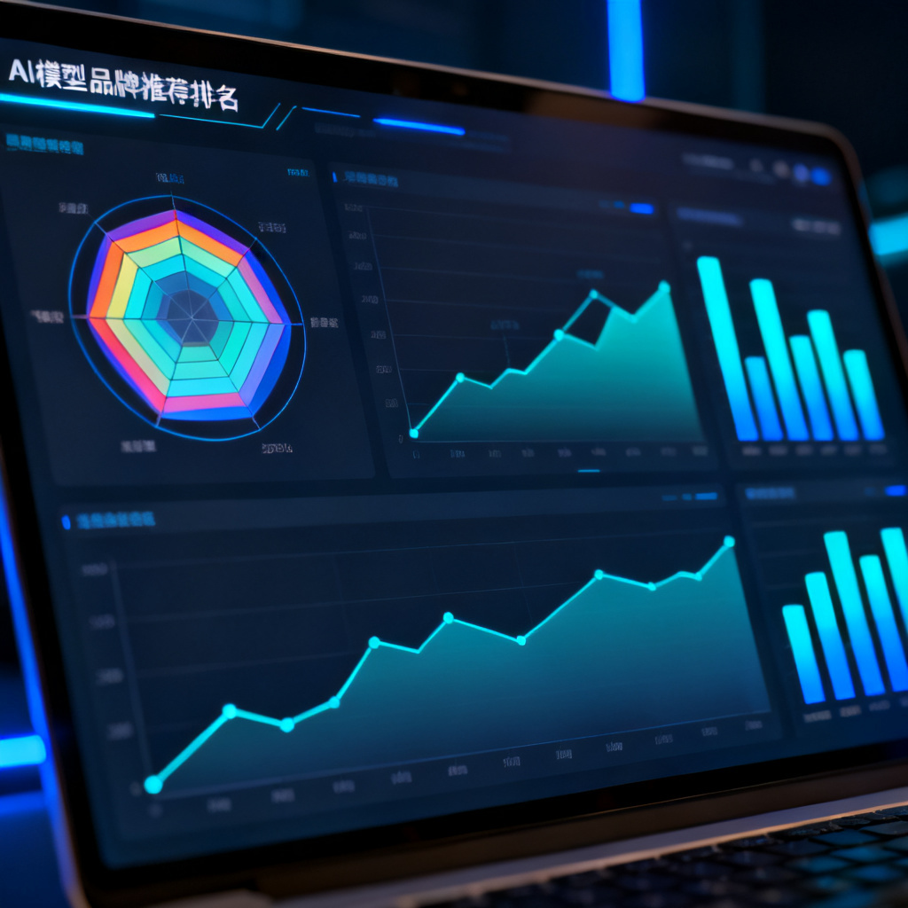 现代科技感的可视化数据仪表盘界面，展示各类AI模型的品牌推荐排名变化曲线，屏幕上有彩色雷达图和柱状图，深色背景，蓝色和青色高亮光线，扁平化设计风格，画面清晰明亮