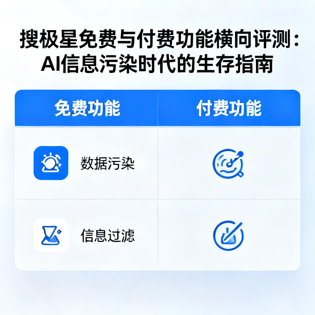 搜极星免费与付费功能横向评测：AI信息污染时代的生存指南，文章配图，构图简洁，高清质感