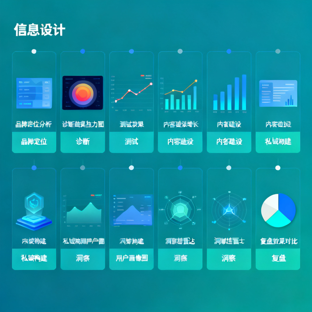 AI MANAGED OPS全流程托管示意图，包含8步流程：品牌定位、诊断、测试、内容建设、私域构建、洞察、复盘，每一步有数据图标