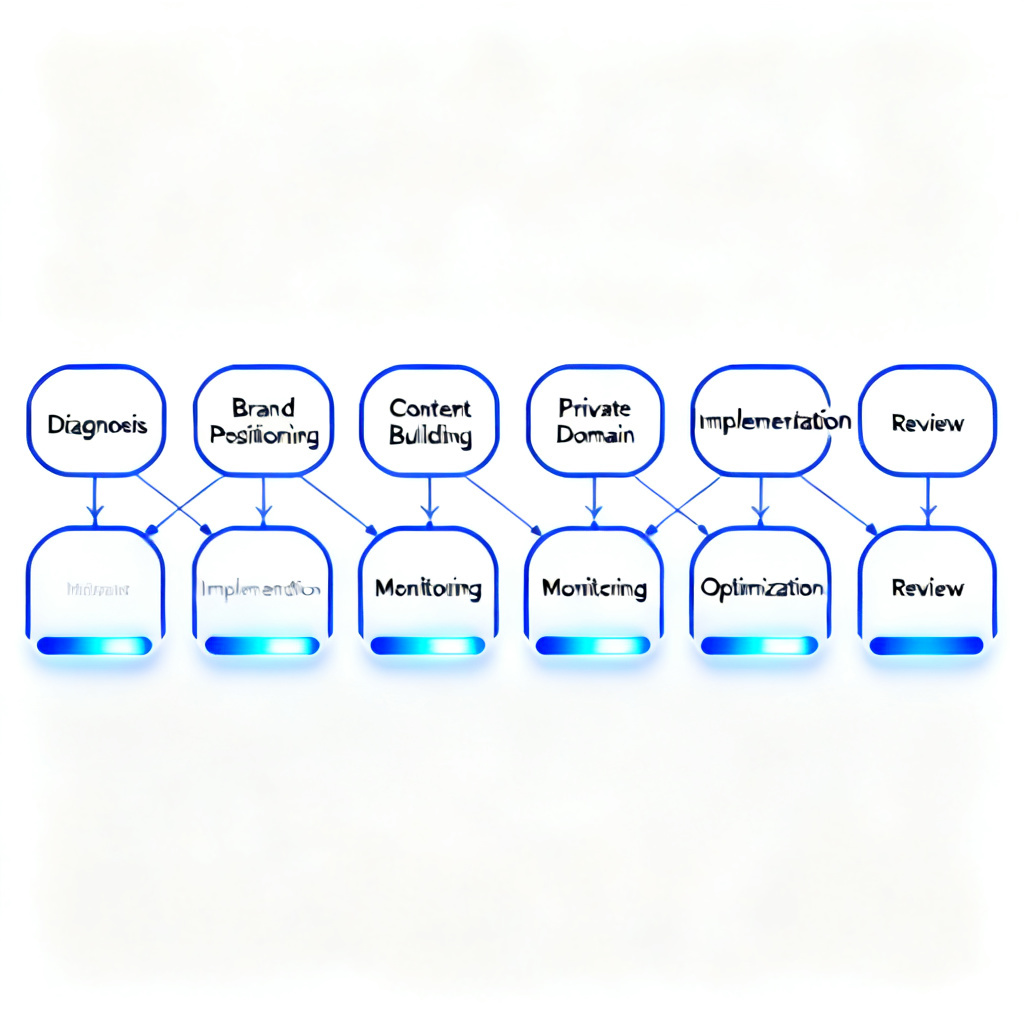 A flowchart showing the 8-step AI MANAGED OPS process, from diagnosis to review, with interconnected nodes labeled "Brand Positioning," "Content Building," and "Private Domain." Each node has a glowing progress bar. Minimalist style with white background and blue accents.