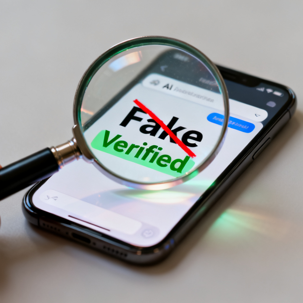 A magnifying glass hovering over a smartphone screen displaying an AI chat interface, with the word 'Fake' crossed out and 'Verified' highlighted in green.
