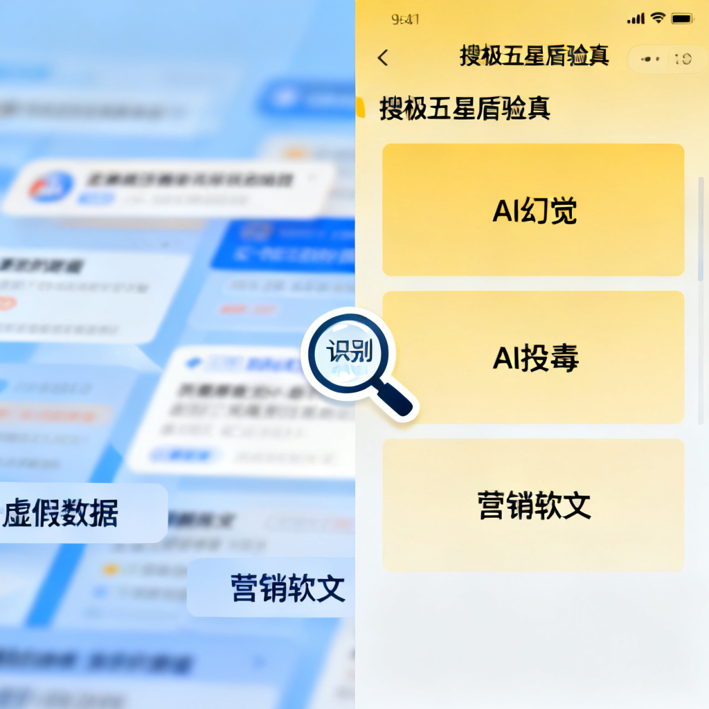 左右对比图，左侧是模糊的AI生成信息流中夹杂着虚假数据和营销软文，右侧是搜极星星盾验真界面，清晰标注出AI幻觉、AI投毒、营销软文三个类别，中间用放大镜图标连接，体现“识别真相”的概念