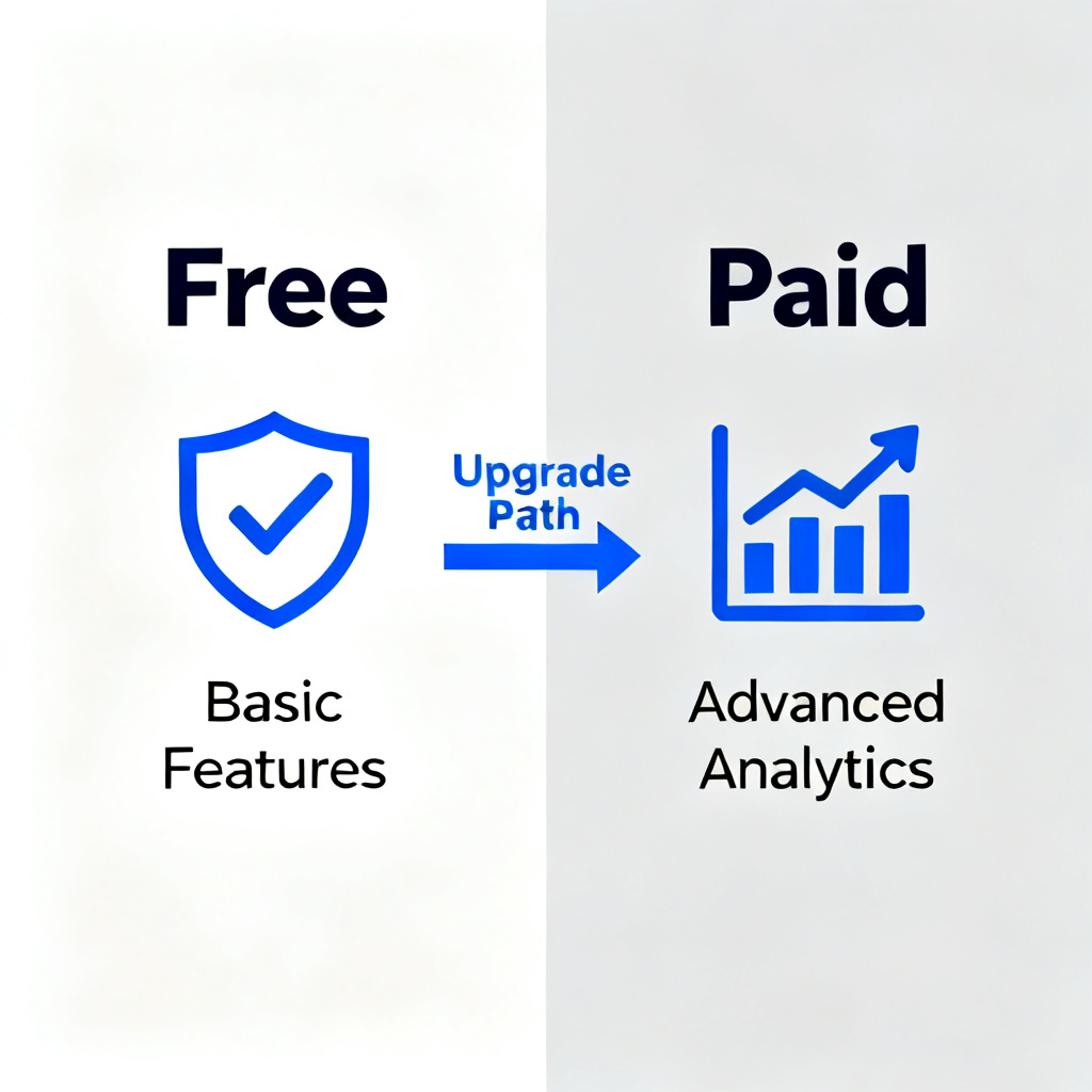 A comparison visual showing "Free" section with shield icon and "Paid" section with graph icons, connected by an arrow labeled "Upgrade Path"