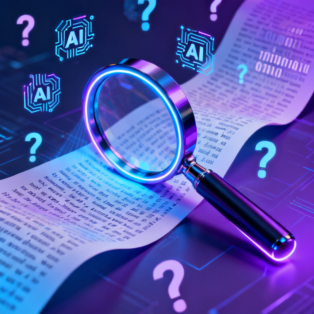 A futuristic digital magnifying glass scanning a stream of text, with AI symbols and question marks floating around, symbolizing AI content verification