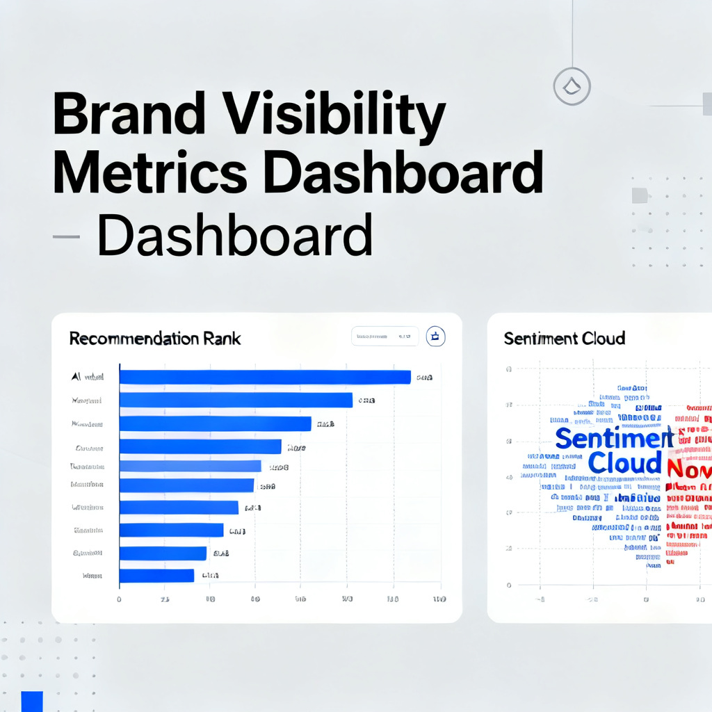 A dashboard showing brand visibility metrics across multiple AI models, with charts for recommendation rank and sentiment cloud, professional business style, light gray background, clean UI.