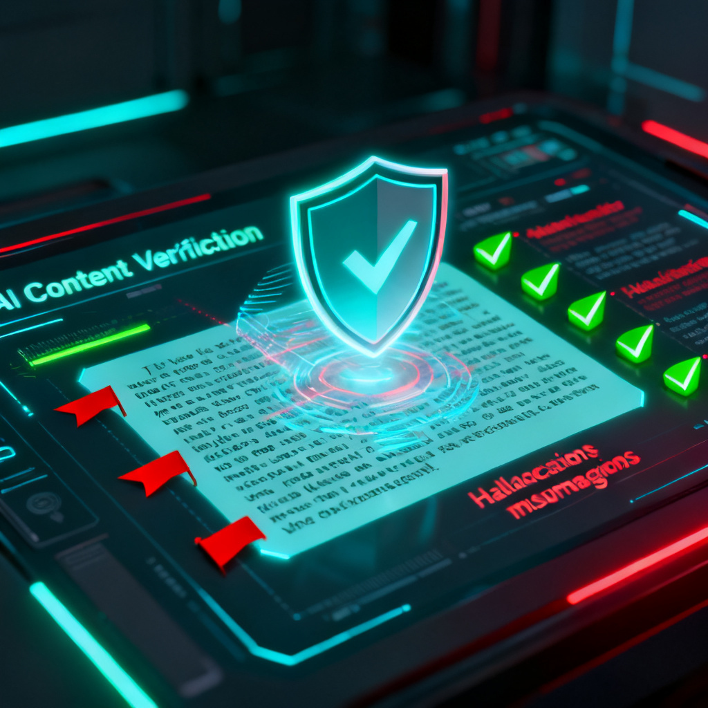 A futuristic interface showing an AI content verification tool with a shield icon, scanning text for hallucinations and misinformation, with green checkmarks and red flags