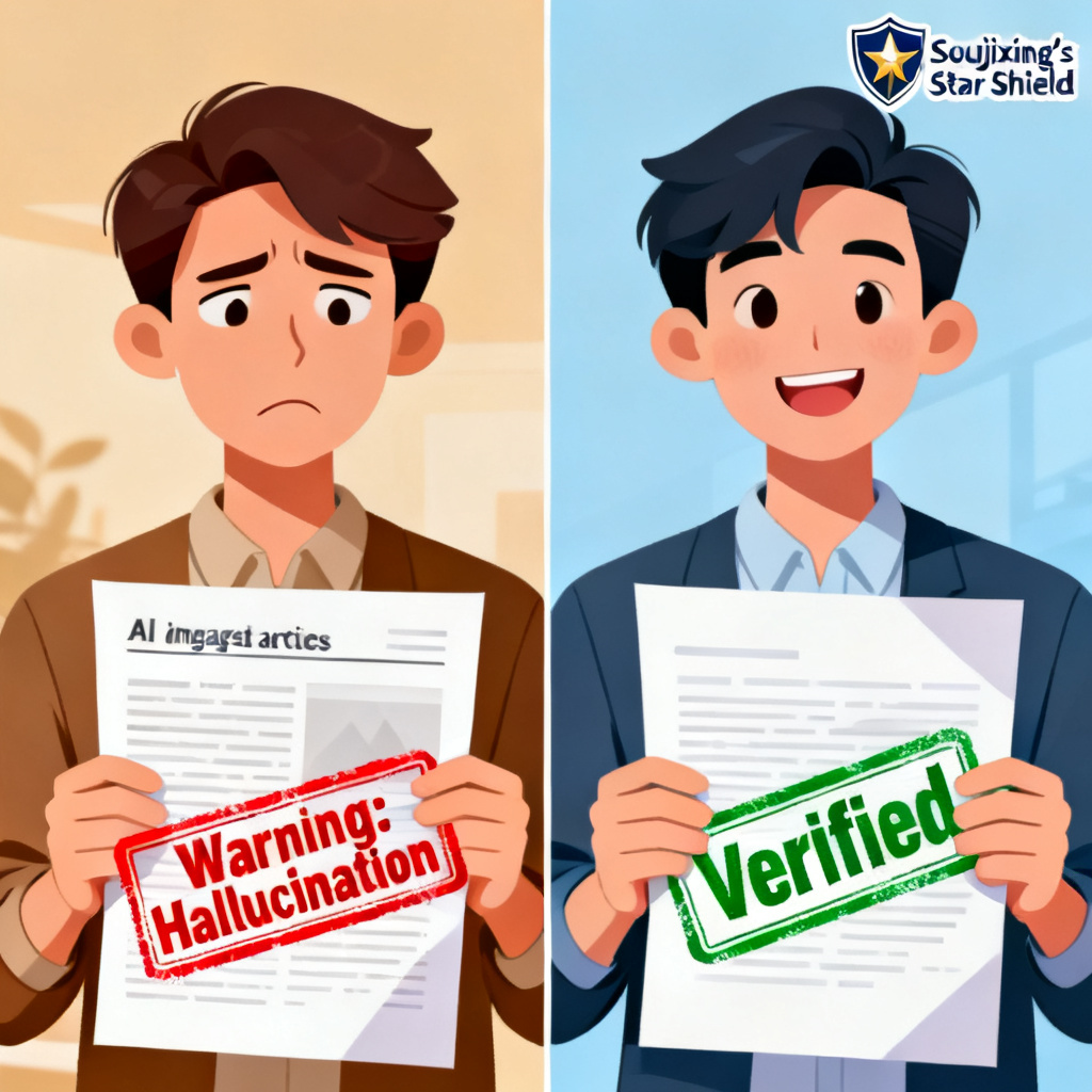 A split-screen illustration: left side shows a confused user reading an AI-generated article with a red 'Warning: Hallucination' stamp; right side shows the same user smiling after using Soujixing's Star Shield, with a green 'Verified' stamp. The style is cartoonish but professional, with clear before/after contrast.