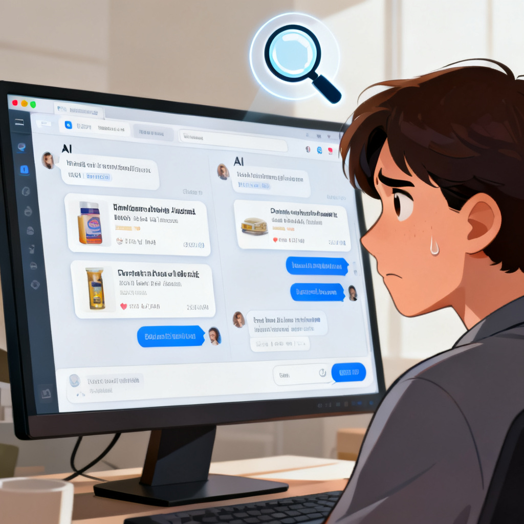 A person looking at a computer screen with multiple AI chat interfaces open, showing conflicting information about a product. The person looks confused and skeptical, with a magnifying glass icon over the screen.
