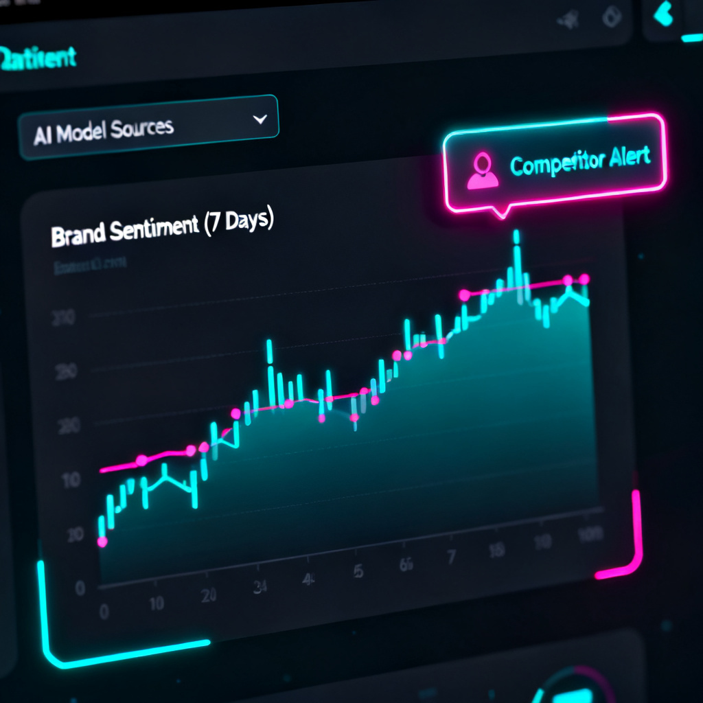 A real-time dashboard with line charts showing brand sentiment over 7 days, a competitor alert popup, and a filter for 'AI model sources', designed in a dark theme with neon accents.