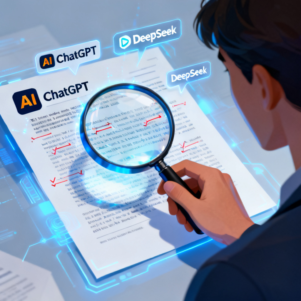 A person holds a magnifying glass over a digital document with AI logos (ChatGPT, DeepSeek, etc.) floating around. The magnifying glass reveals hidden text and corrections floating above the document.