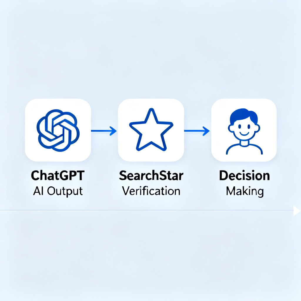 A flowchart showing the user journey: from AI output to SearchStar verification, then to decision making. Icons for ChatGPT, SearchStar, and a person smiling. Clean infographic style.