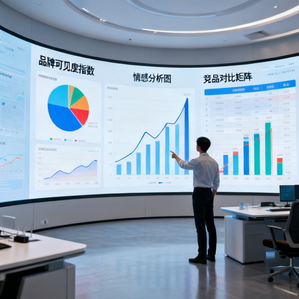 宽敞的现代化控制室内，一面巨大的弧形屏幕展示着品牌可见度指数、情感分析图与竞品对比矩阵，一位分析师正指着屏幕上的数据峰值，全身景，柔和自然光，细节丰富的商业场景
