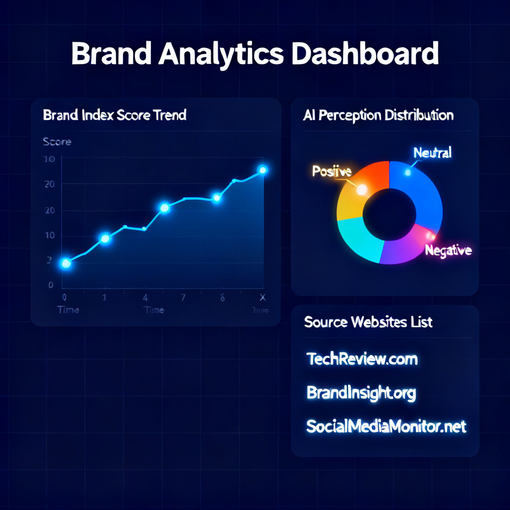 A dashboard with multiple data charts: brand index score trend line, AI perception pie chart, and a list of source websites. Style professional analytics, dark mode, glowing highlights.