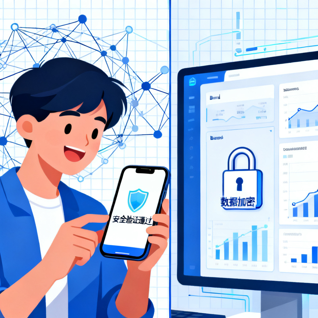 A split-screen illustration showing on the left a user smiling while looking at a "安全验证通过" message on their phone, and on the right a business dashboard displaying brand metrics with a lock icon labeled "数据加密". The background is a digital grid with AI neural network patterns.
