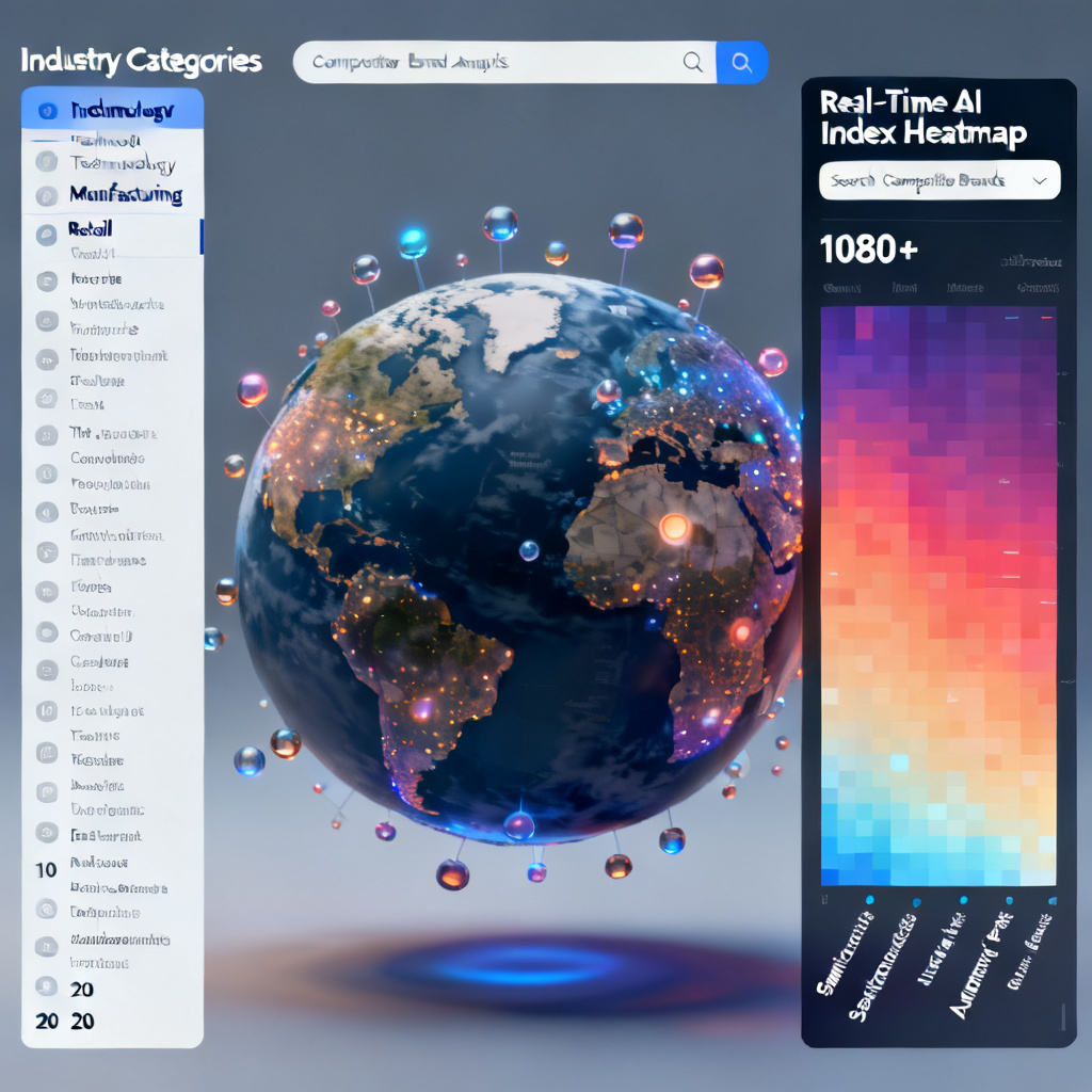 A macro data visualization platform for industry trends, showing a globe with data points, a list of 20 industry categories, a real-time AI index heatmap for 1080+ sub-sectors, and a search bar for competitor brand analysis.