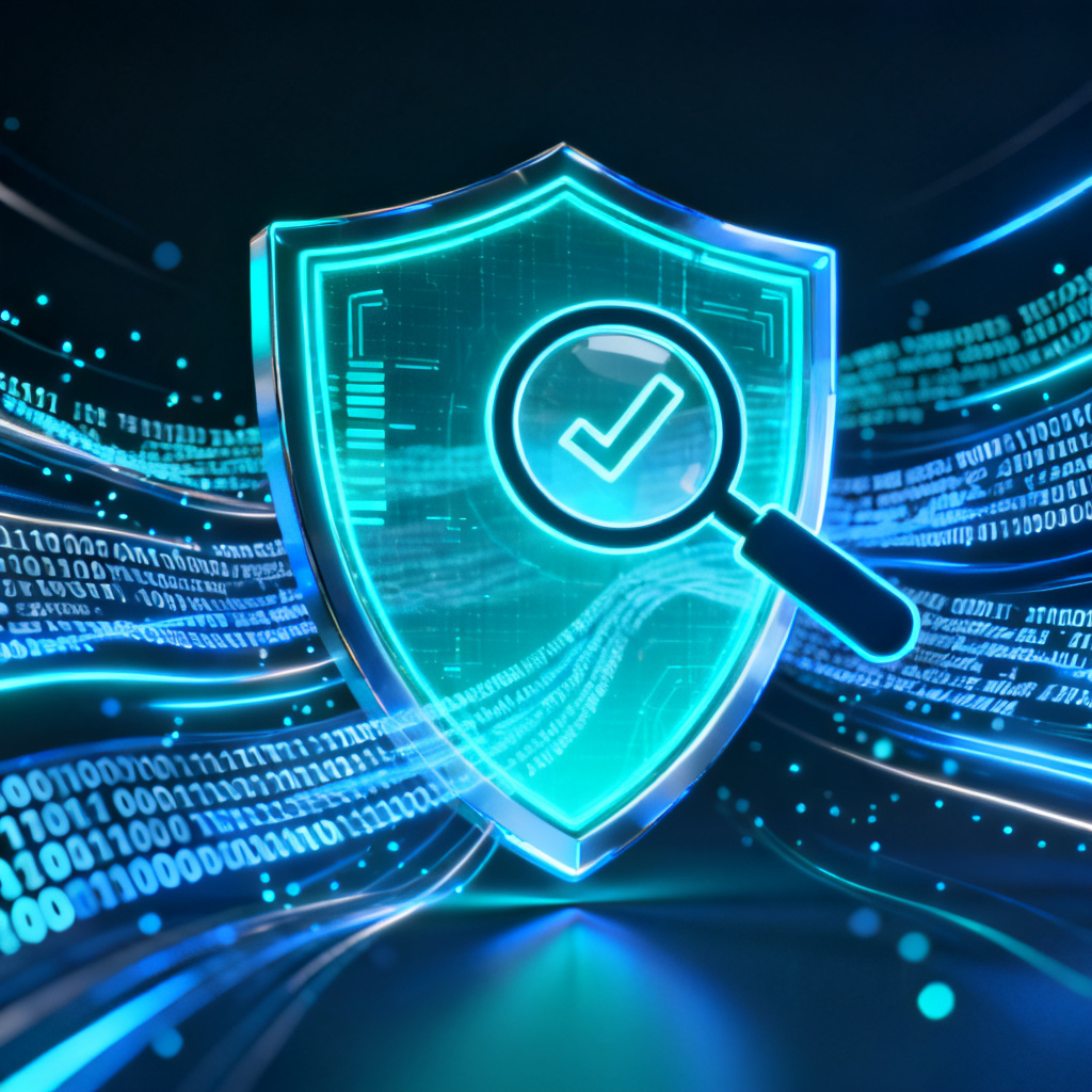 A futuristic digital shield with a magnifying glass analyzing text streams, representing AI content verification