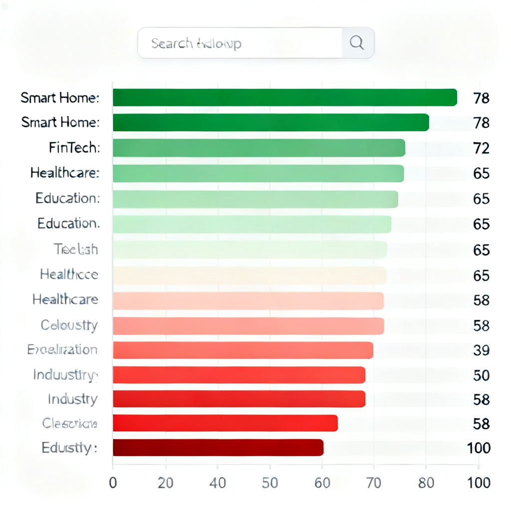 A data visualization dashboard showing "AI Index" for 20 industry categories. Each category is represented by a horizontal bar chart with scores from 0 to 100. The top categories include "Smart Home: 78", "FinTech: 72", "Healthcare: 65", and "Education: 58". A search bar at the top allows users to look up specific brands. The color scheme uses a gradient from green (low) to red (high).