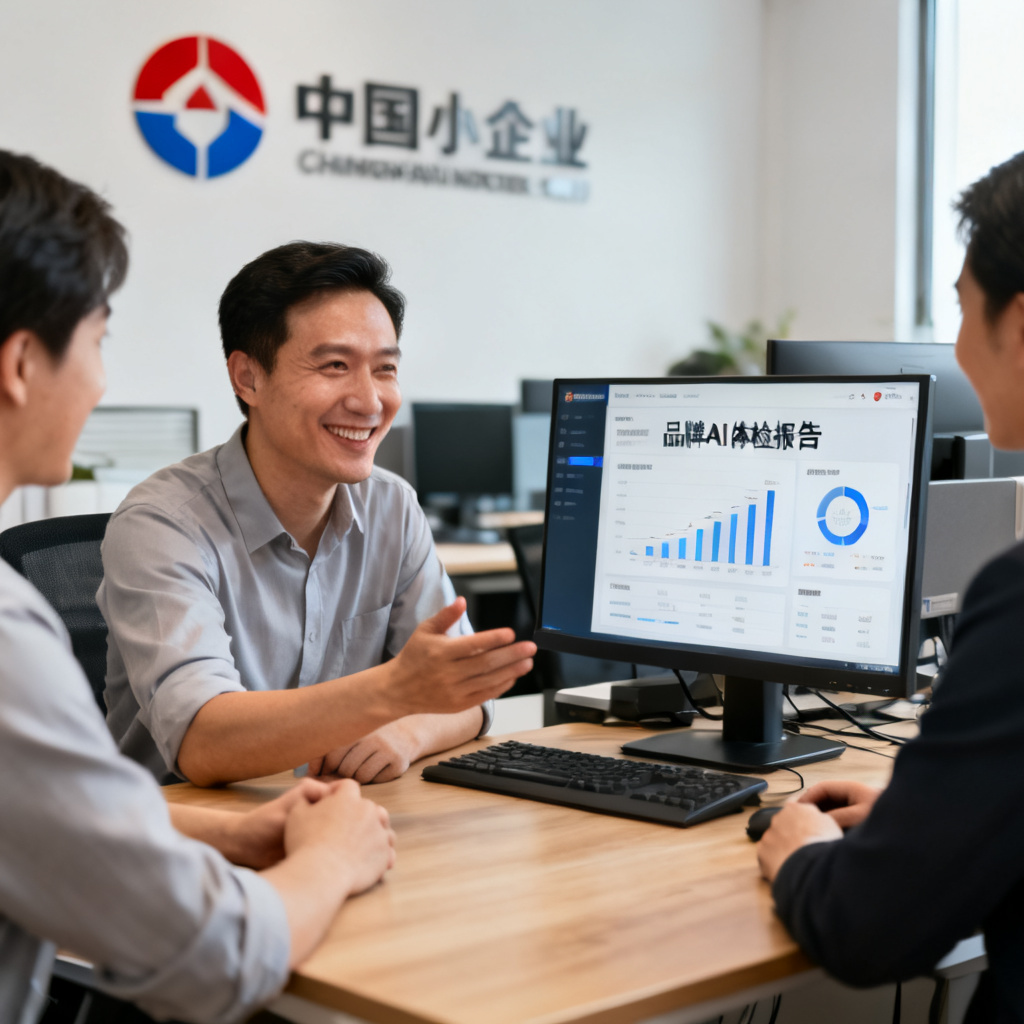 一位中小企业主在办公室电脑前使用搜极星，屏幕上显示品牌AI体检报告，他正在与同事讨论报告中的关键指标，背景有企业logo和办公设备，人物表情专注而满意