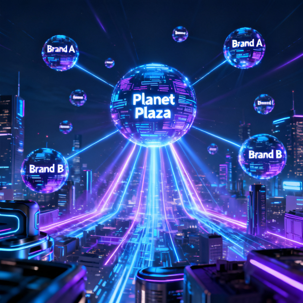 A futuristic cityscape with floating data spheres labeled "Brand A", "Brand B", etc., connected by light beams, with a central sphere labeled "Planet Plaza" radiating data streams across the entire city