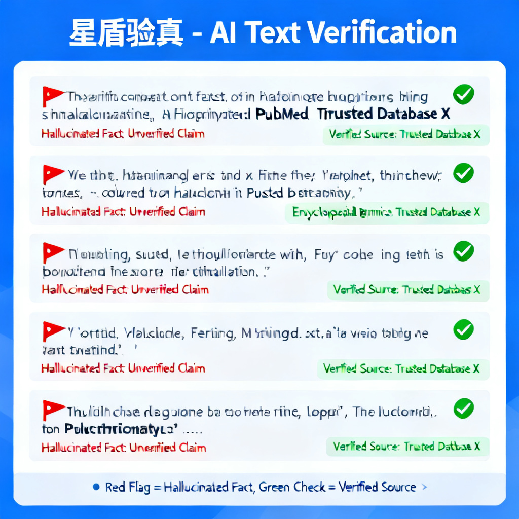 A visual representation of 搜极星's "星盾验真" feature scanning an AI-generated text, highlighting hallucinated facts with red flags and providing verified sources from trusted databases