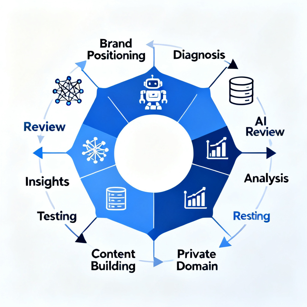 An 8-step circular flowchart labeled 'Brand Positioning', 'Diagnosis', 'Analysis', 'Testing', 'Content Building', 'Private Domain', 'Insights', 'Review'. Each step connected by arrows, with icons representing AI and data.