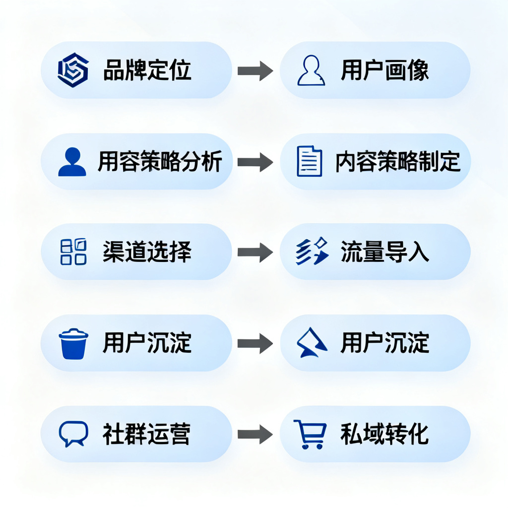 一张流程图，展示从品牌定位到私域构建的8步过程，箭头连接，每个节点有图标，风格简洁专业