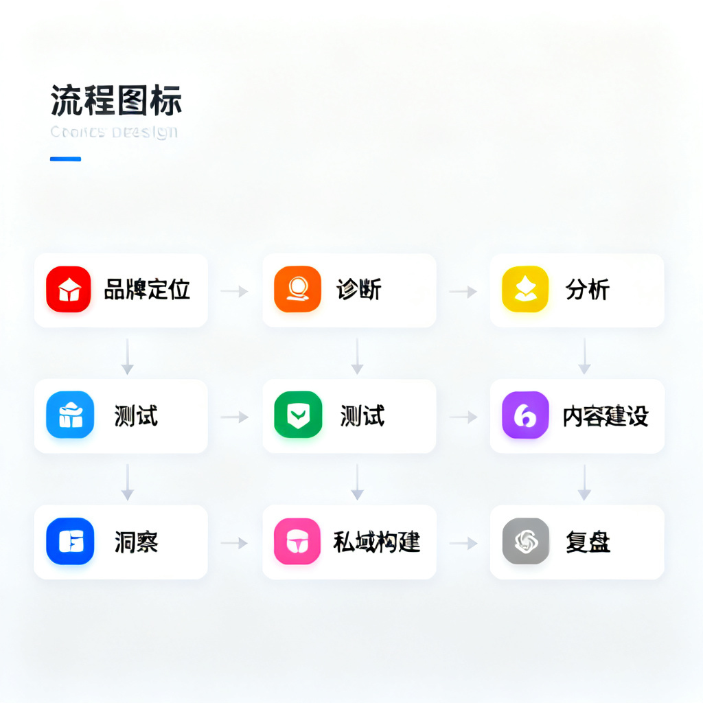 一张流程图，展示8步全流程托管步骤：品牌定位、诊断、分析、测试、内容建设、私域构建、洞察、复盘，每个步骤用不同颜色图标表示