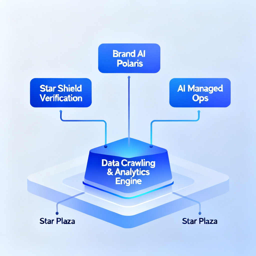 An infographic showing a central base labeled 'Data Crawling & Analytics Engine' with three branches: 'Star Shield Verification', 'Brand AI Polaris', 'AI Managed Ops', and a surrounding 'Star Plaza'. Clean, minimalist design with gradient blue color scheme, corporate style.