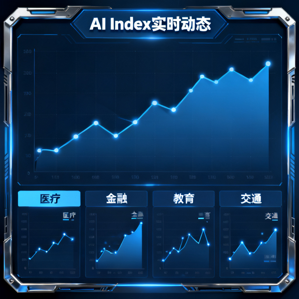 一个数据仪表盘，显示AI Index指数的实时动态，包含多个行业的曲线图，风格简洁，科技感强