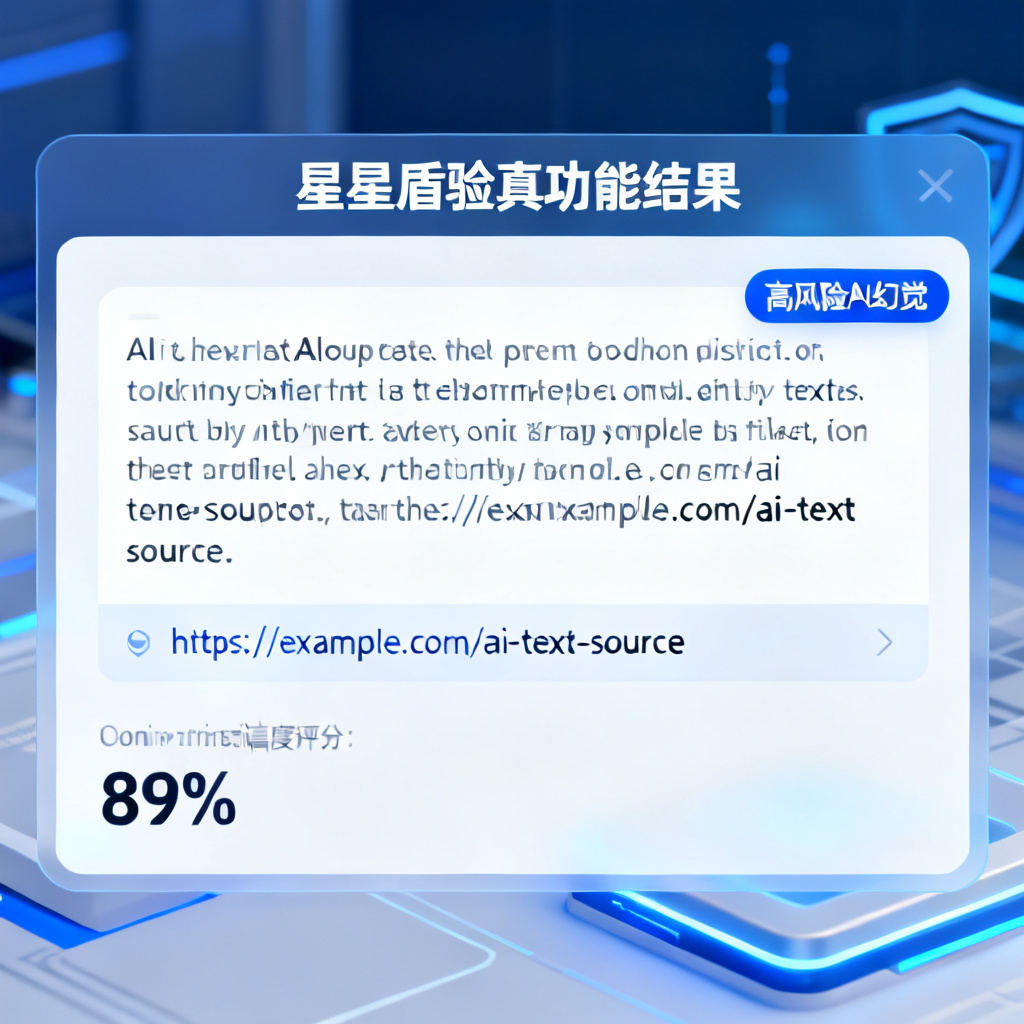 搜极星星盾验真功能的结果示例截图，显示一条AI生成的文本被标记为“高风险AI幻觉”，并附带来源链接和置信度评分