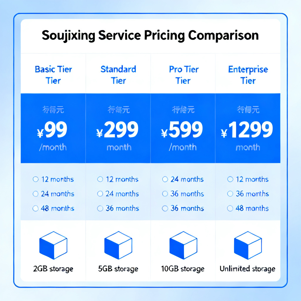 A clean comparison table showing four pricing tiers of Soujixing services, with price tags in Chinese Yuan, time indicators, and feature icons, minimalist corporate design with blue and white color scheme