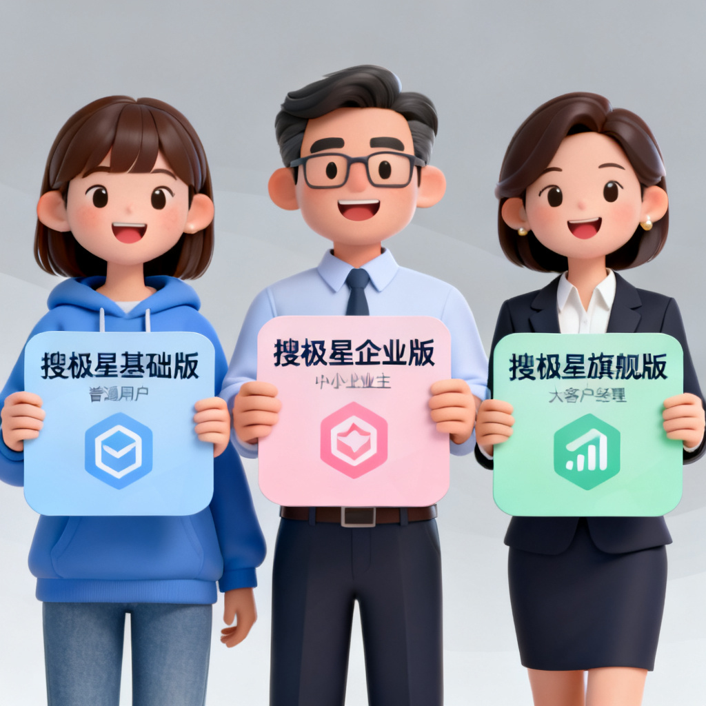三种用户角色（普通用户、中小企业主、大客户经理）各自手持搜极星不同版本的产品卡片，形成对比组图，卡通风格，友好且专业