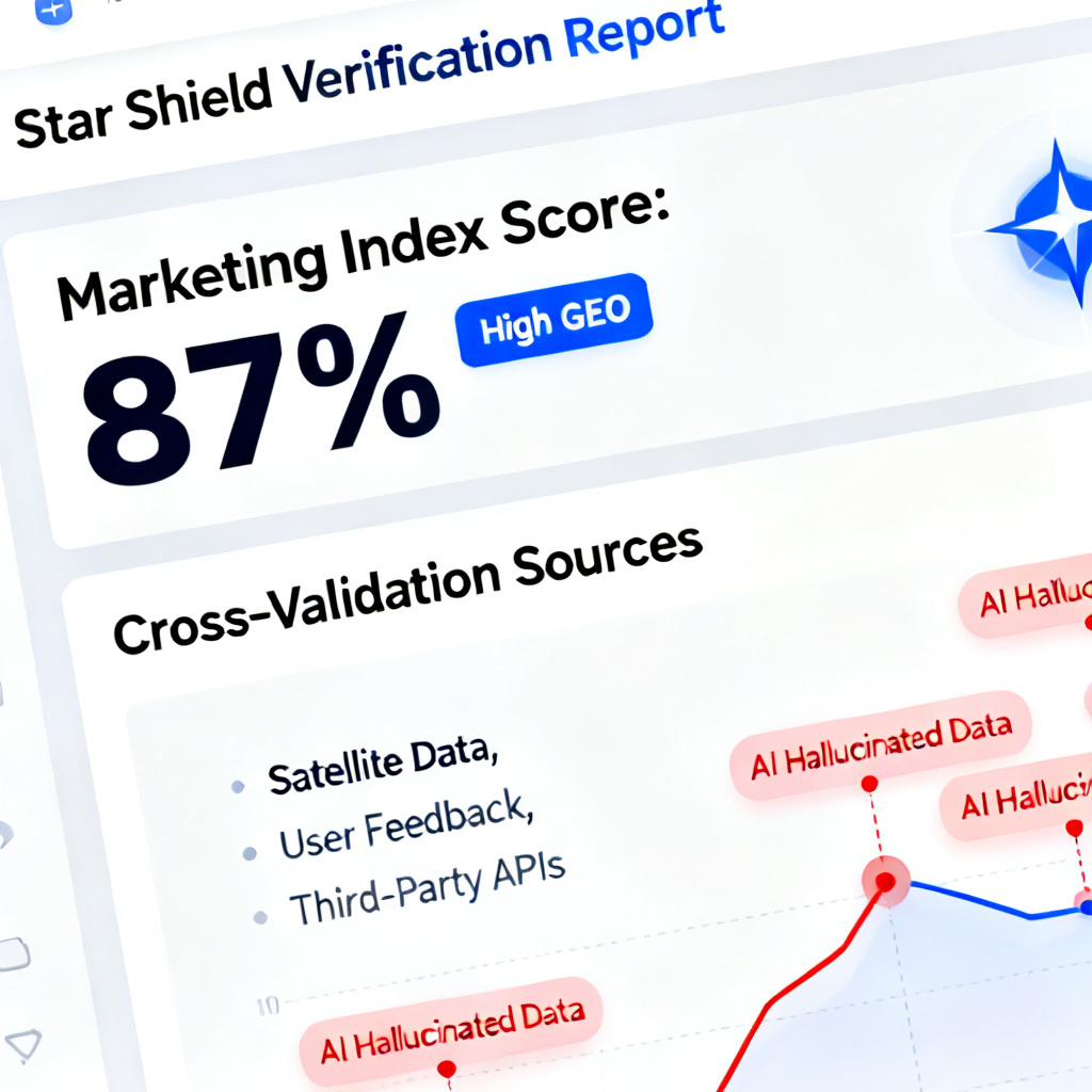 A screenshot simulation of a "Star Shield Verification Report" interface, showing a high GEO marketing index score of 87%, multiple cross-validation sources, and red annotations highlighting AI hallucinated data points.