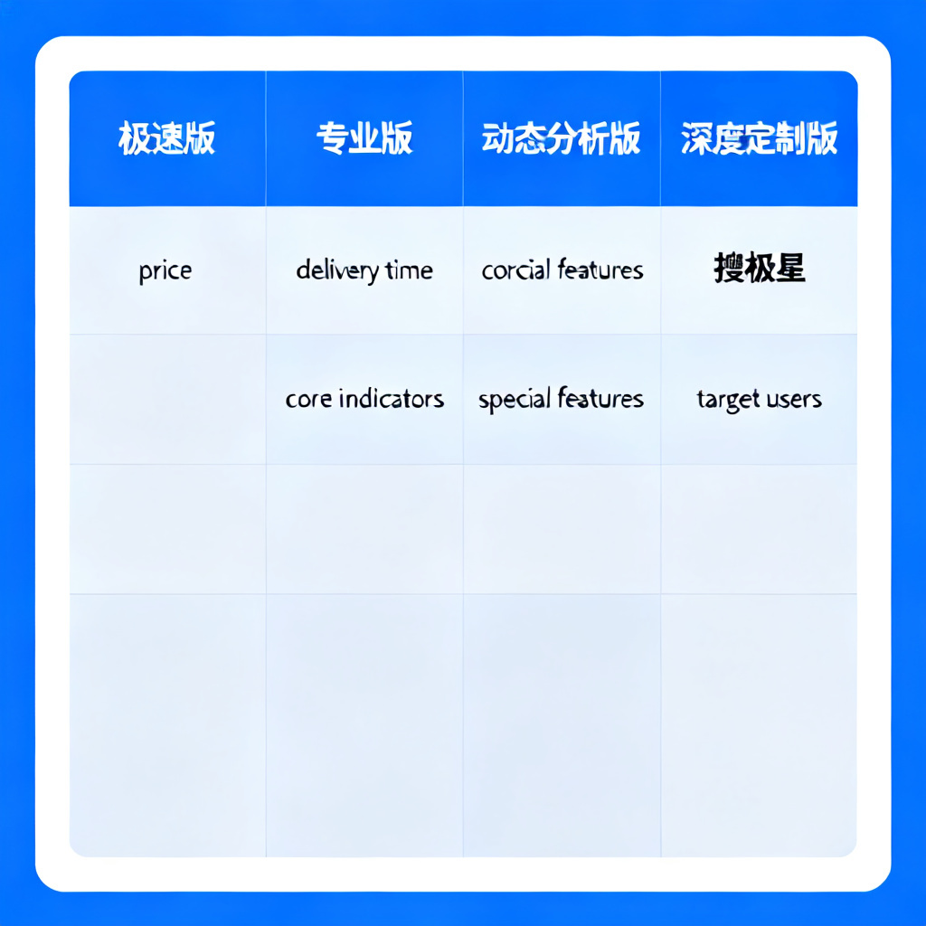 A clean, professional comparison table with four columns representing four versions of "搜极星": 极速版, 专业版, 动态分析版, 深度定制版. Each column includes rows for price, delivery time, core indicators, special features, and target users. Background is tech blue with white borders. Minimalist, data-driven style.