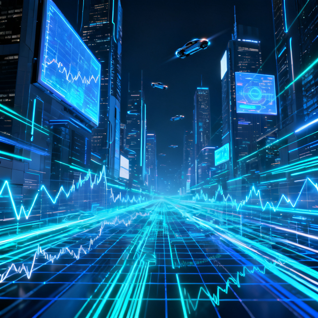 A panoramic view of a futuristic city with data streams and market trends visualized as glowing lines.