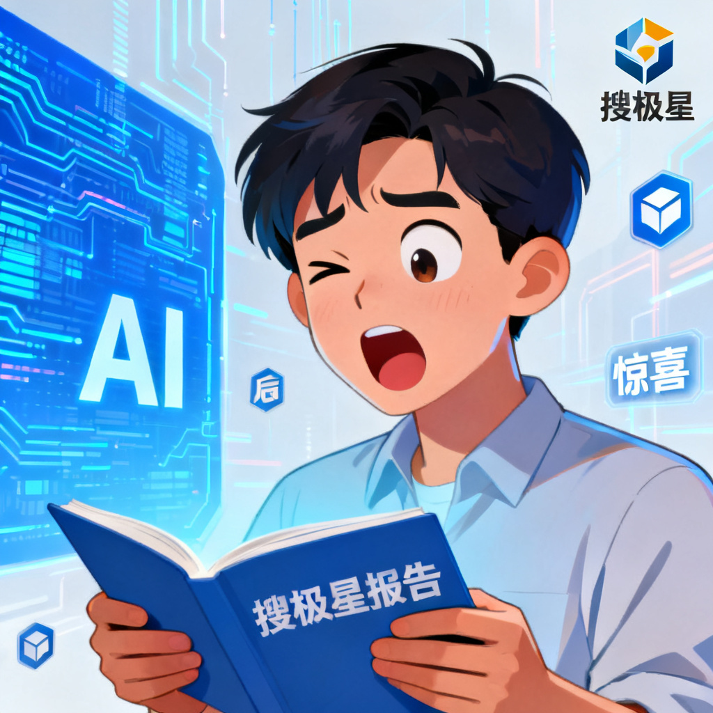 一个人从‘后悔’的表情转变为‘惊喜’的表情,手中拿着搜极星报告,背景是AI数据流和品牌logo,整体色调明亮。