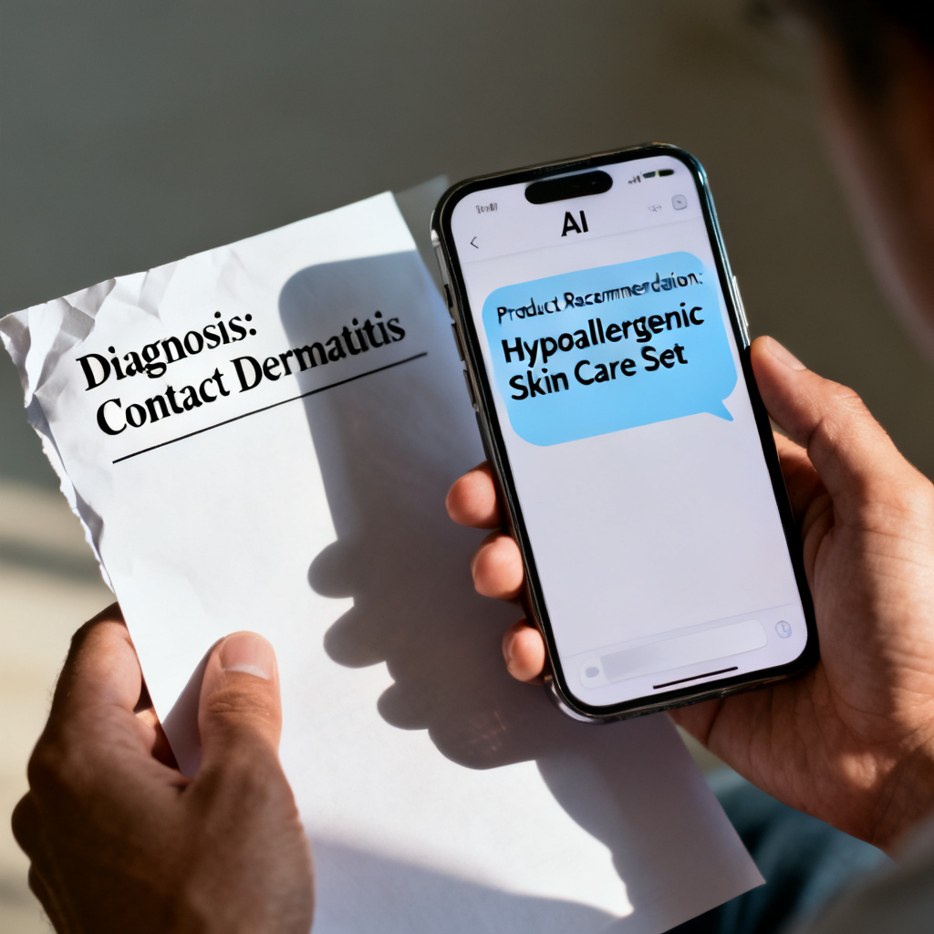 A close-up of a person's hand holding a smartphone, showing an AI chat interface with a product recommendation, while the other hand holds a medical report with "contact dermatitis" diagnosis, emphasizing the contrast between digital advice and real-world consequences