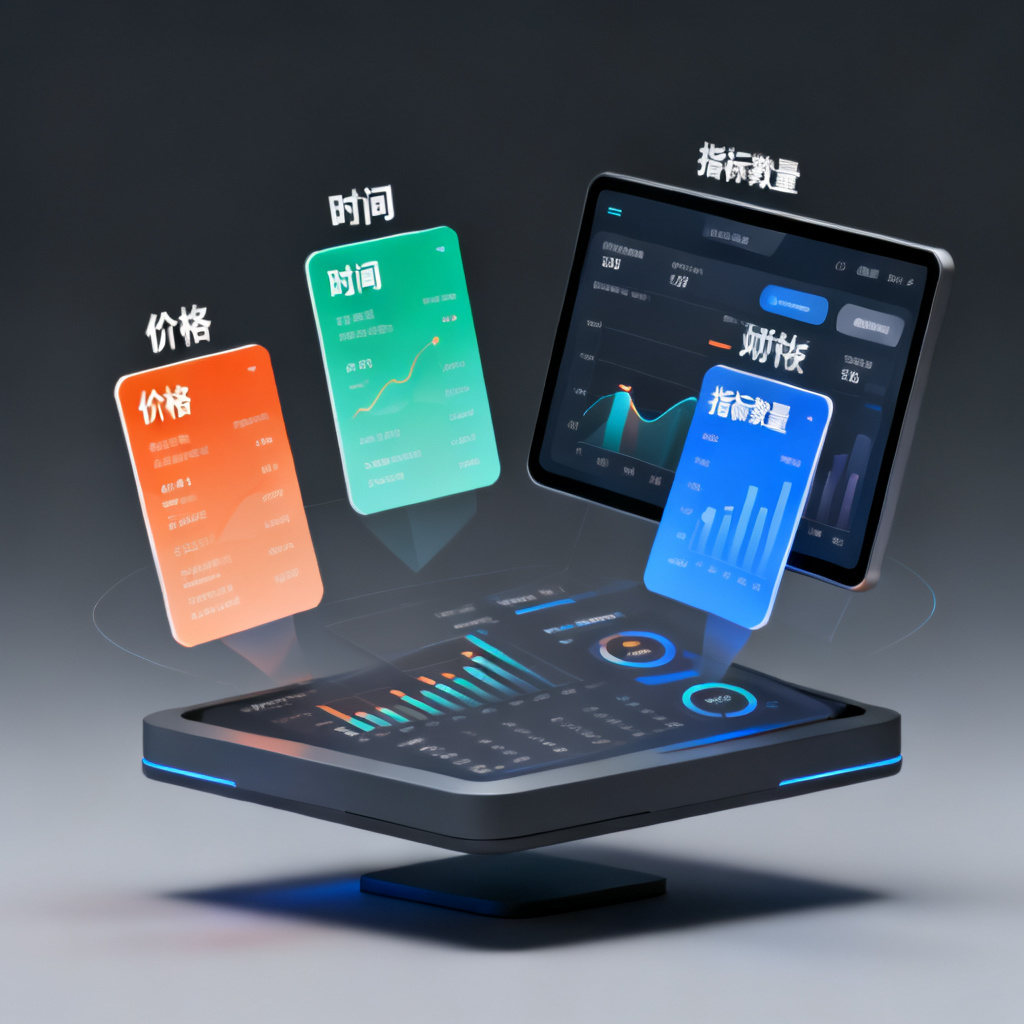 未来感仪表盘界面设计，屏幕上展示多个版本对比数据，四张不同颜色的功能卡片悬浮在3D空间中，标注价格、时间、指标数量，整体UI风格简洁专业，背景为深灰渐变