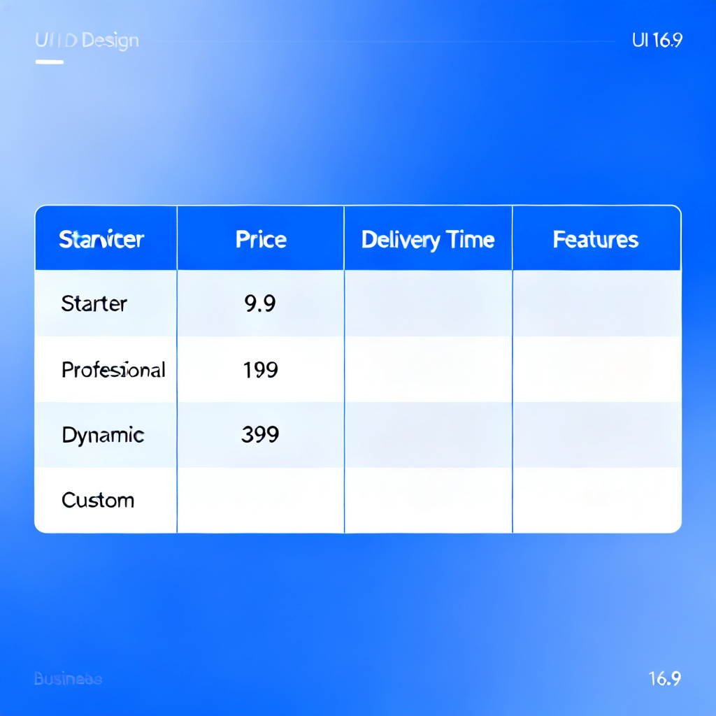 A comparison table in a sleek UI design, listing four tiers of a service: Starter (9.9 yuan), Professional (199 yuan), Dynamic (399 yuan), Custom (business pricing), with columns for price, delivery time, and features, in a corporate blue theme, 16:9 aspect ratio