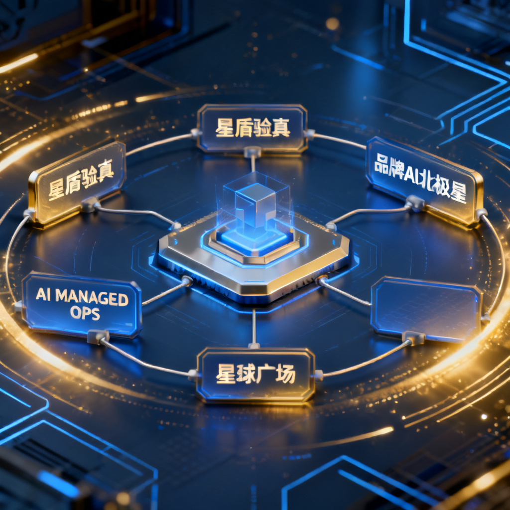 搜极星产品矩阵的示意图，中心为数据基座，四周环绕“星盾验真”、“品牌AI北极星”、“AI MANAGED OPS”、“星球广场”四个模块，连接线形成闭环，背景是科技蓝与金色光效。