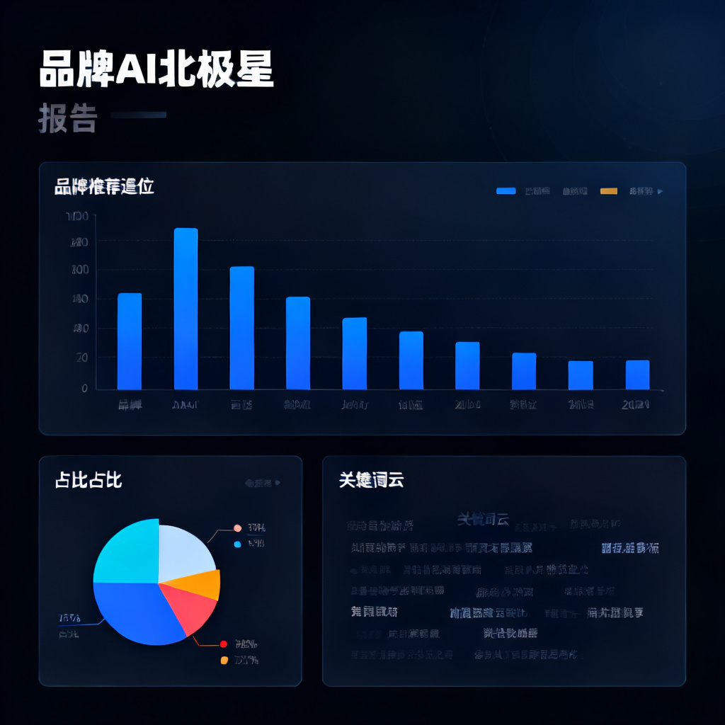一个动态数据看板,展示“品牌AI北极星”报告,包含柱状图显示品牌推荐顺位,饼图显示引用占比,以及关键词云,整体风格专业商务。