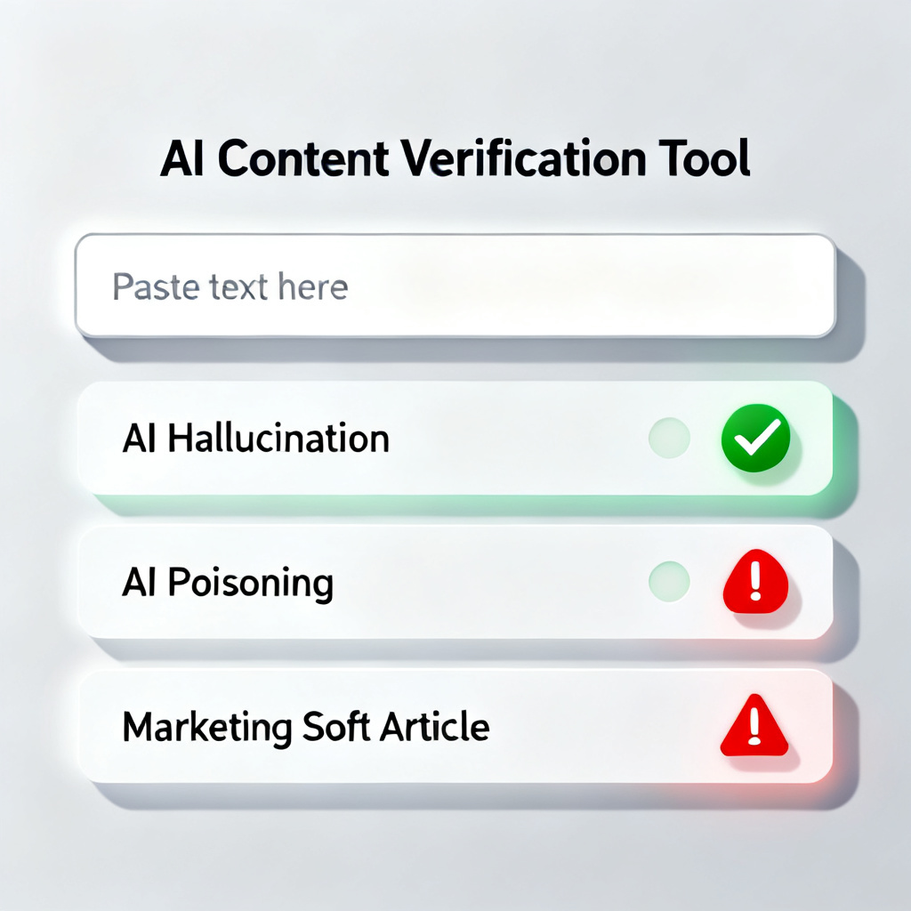 A futuristic interface showing an AI content verification tool. A user pastes text into an input box, and the system displays results with three categories: AI Hallucination, AI Poisoning, and Marketing Soft Article. The interface is clean and minimal, with green checkmarks for verified content and red warning icons for flagged content.